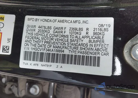 2019 Honda Accord Sport from USA, damaged, VIN 1HGCV1F34KA158894